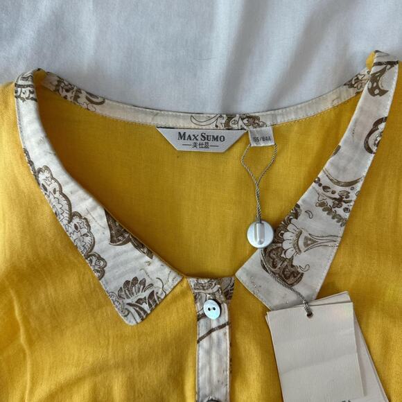 vintage style yellow sleeveless top with printed collar - indie retro blouse - Picture 7 of 8